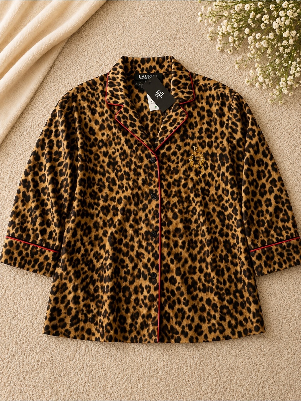 Ralph Lauren Leopard Print Pajama Top with Red Piping